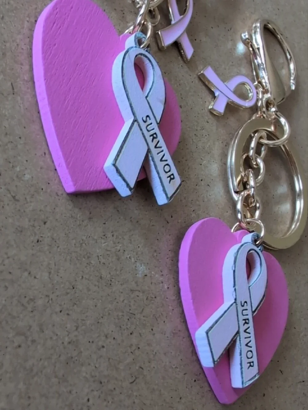 Pink Survivor Ribbon Heart Keychain Bag Charm Set Breast Cancer Awareness Month